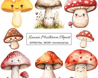 May include: A set of 10 cute cartoon mushroom illustrations in watercolor style. The mushrooms have smiling faces and different colored caps, including red, yellow, brown, and orange. The illustrations are perfect for adding a touch of whimsy to any project.