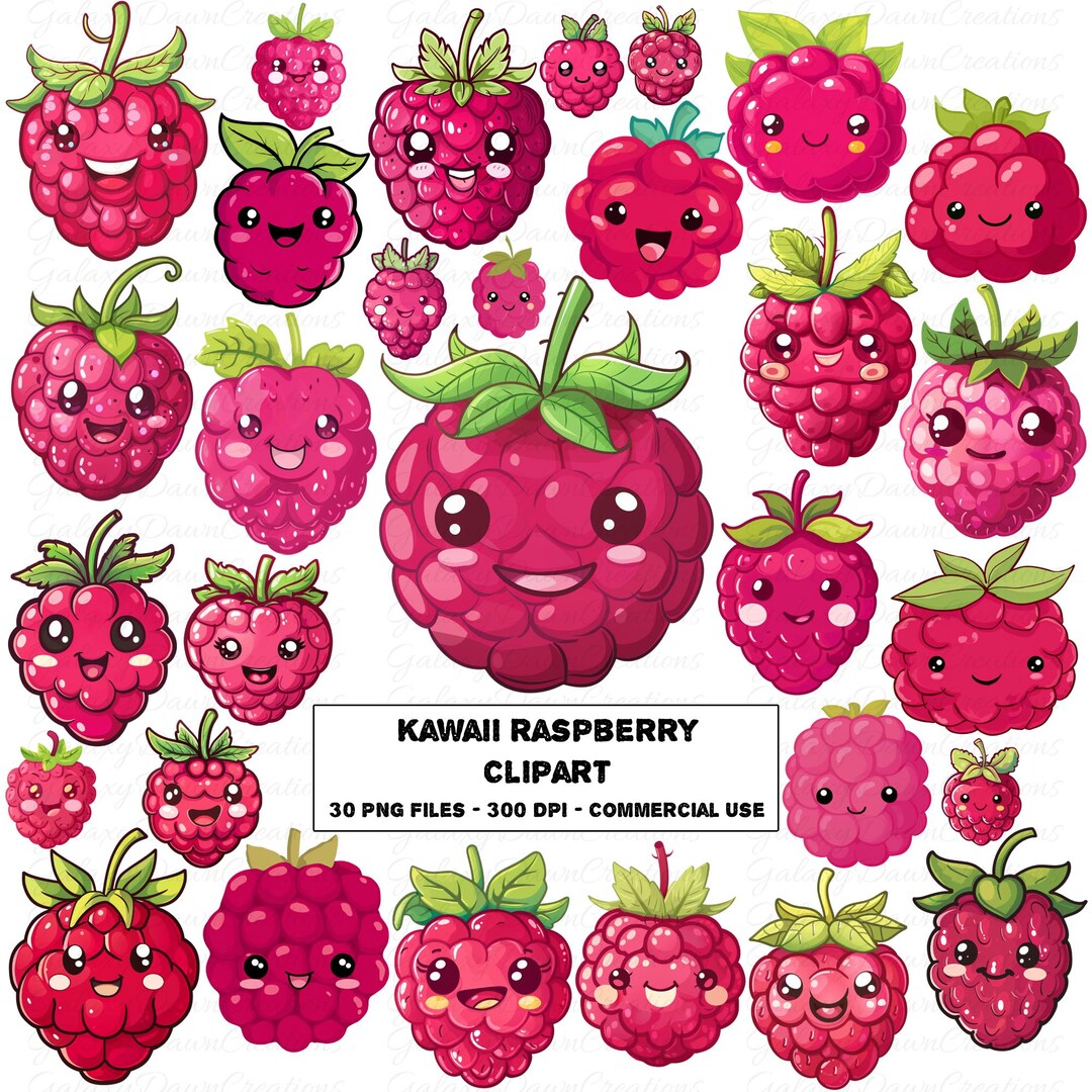 Transparent Kawaii Raspberry Kawaii Raspberry Clipart: PNG Graphics Set, 30 Images, Digital Download ...