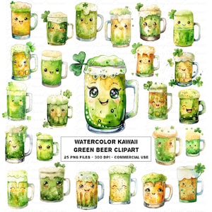 Clipart de cerveja verde aquarela Kawaii, Dia de São Patrício, desenho animado fofo de cerveja PNG, caneca de cerveja de São Patrício para impressão digital, conjunto de clipart para download