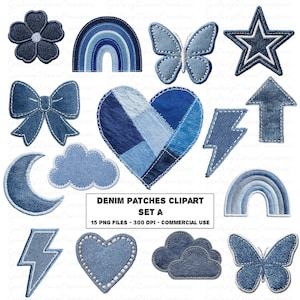 Può includere: Una collezione di toppe in denim di varie forme, tra cui un fiore, un arcobaleno, una farfalla, una stella, un fiocco, un cuore, una freccia, un fulmine, una nuvola e una luna. Le toppe sono in tonalità blu e bianco, con dettagli cuciti. Testo: "DENIM PATCHES CLIPART SET A".