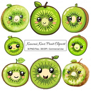 Kawaii Kiwi Fruit Clipart, Cute Cartoon Smiling Fruit Face PNG, Adorable Summer Food Clip Art, Whimsical Fun Character Art Graphic Element