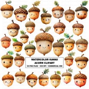 Könnte beinhalten: Aquarell Kawaii Eichel-Clipart mit lächelnden Eicheln mit braunen Kappen und grünen Blättern. Das Bild enthält den Text "Watercolor Kawaii Acorn Clipart" und "30 PNG Files - 300 DPI - Commercial Use".