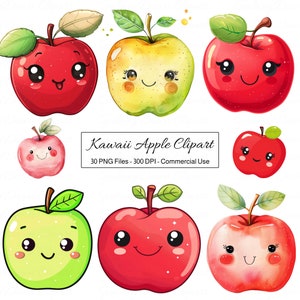 Puede incluir: Colección de imágenes prediseñadas de manzanas Kawaii al estilo acuarela. Las manzanas son de varios tonos de rojo y verde, cada una con una cara sonriente y una hoja verde. El texto "Kawaii Apple Clipart" se muestra debajo.