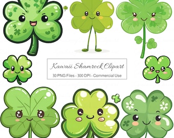 Kawaii Shamrock Clipart: PNG Graphics Set, 30 Images, Digital Download, Commercial Use