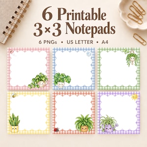 May include: Six printable 3x3 inch notepads featuring a gingham pattern in pink, blue, green, yellow, orange, and purple. Each square notepad has a scalloped white center and illustrations of cute potted plants, a bee, a butterfly, and a ladybug.