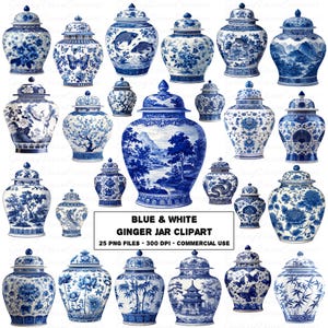 May include: A collection of blue and white ginger jar clipart. The jars feature various designs, including floral patterns, landscapes, and butterflies. The text "BLUE & WHITE GINGER JAR CLIPART" is displayed below the jars.