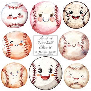 Kawaii Baseball Clipart, niedliches Cartoon Base Ball PNG Bündel, glücklich lächelnde Sport-Gesichter Clip Art, druckbare digitale Illustration-Download-Set