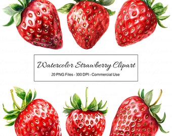 Watercolor Strawberry Clipart: 20 PNG files, Commercial Use (Digital Download)