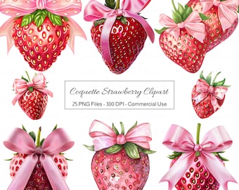 Coquette Strawberry Clipart: PNG Graphics Set, 25 Images, Digital Download, Commercial Use