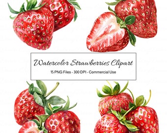 Watercolor Strawberries Clipart: PNG Graphics Set, 15 Images, Digital Download, Commercial Use