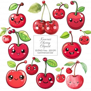 Może przedstawiać: Kolekcja ilustracji clipartów z wiśniami kawaii. Wiśnie są czerwone z zielonymi liśćmi i łodygami, z uroczymi uśmiechniętymi twarzami. Obraz zawiera tekst "Kawaii Cherry Clipart".