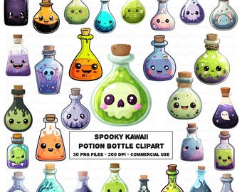Spooky Kawaii Potion Bottle Clipart, Cute Cartoon Halloween PNG, Happy Smiling Witchy Monster Faces Clip Art, Printable Digital Download Set