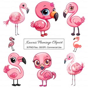 Kawaii Flamingo Clipart, Cute Cartoon Pink Bird PNG, Happy Smiling Tropical Animal Clip Art, Summer Beach Pool Party Digital Illustration