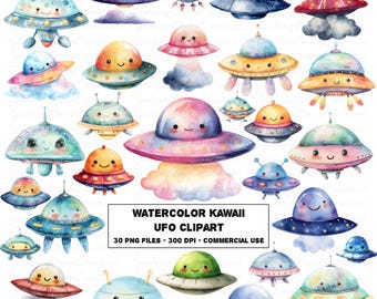 Watercolor Kawaii UFO Clipart: PNG Graphics Set, 30 Images, Digital Download, Commercial Use
