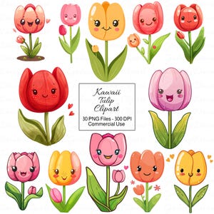 Kawaii tulp clipart, schattige cartoon bloem png, gelukkig lachend bloemen gezichten illustraties, lente Pasen botanische afdrukbare digitale downloadset