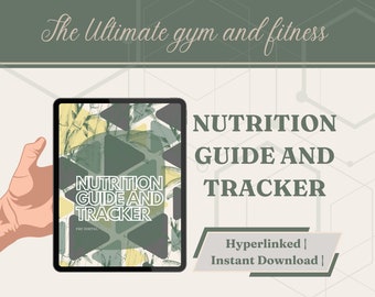 Könnte beinhalten: Ein digitales Tablet zeigt einen Ernährungsratgeber und einen Tracker mit einem geometrischen Design in Grün, Gelb und Schwarz. Der Text "NUTRITION GUIDE AND TRACKER" wird auf dem Tablet angezeigt. Der Text "Hyperlinked | Instant Download |" wird unter dem Tablet angezeigt.