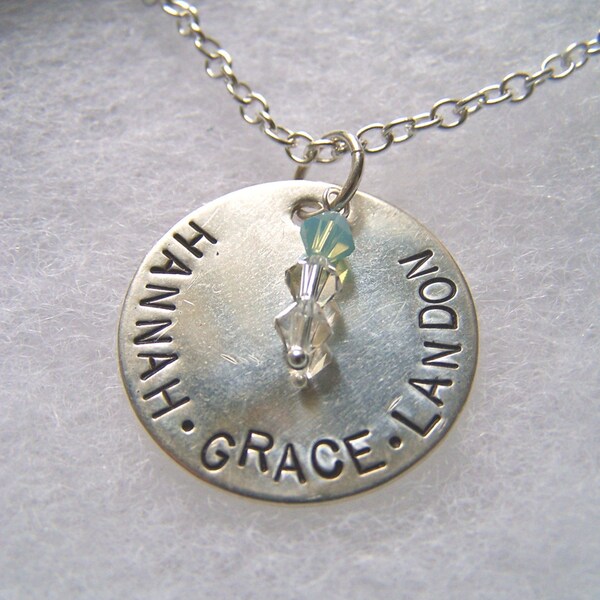 Mothers(Moons) Sterling Silver Handstamped Pendant w\/ Swarovski Crystal Birthstones