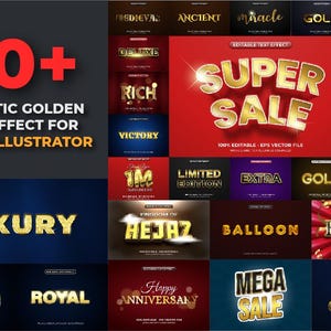 Può includere: Una grafica promozionale che mostra oltre 20 effetti di testo dorati realistici per Adobe Illustrator. L'immagine presenta vari stili di testo, tra cui "SUPER SALE", "LUXURY" e "BONUS", con una grafica rossa "20+".