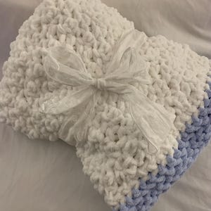 White baby blanket Crocheted with blue border,Ideal for stroller,car seat newborn,hospital gift, room decor