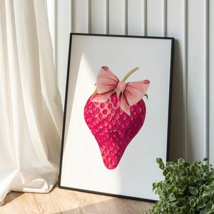 Pink Bow & Strawberry, Coquette Decor, Wall Art, Print, Coquette Print