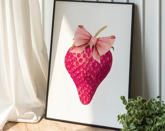Pink Bow & Strawberry, Coquette Decor, Wall Art, Print, Coquette Print