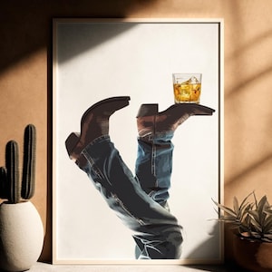 Cowboy Whisky on the Rocks, Digital Download, Rodeo Poster, Western Wall Art, Cowboy Boots, Bottoms Up, Western Print,Cowboy Print, Western