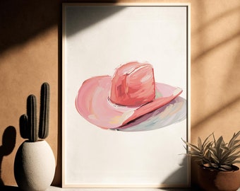Chapeau de cow-girl rose, peinture à l'huile, art mural western, décoration preppy, déco rodéo rose, peinture western, impression cowgirl côtière, preppy western