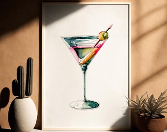 Dry Martini Watercolor, Digital Download, Dry Martini Cocktail Print, Retro Cocktail Exhibition Poster, Pink Dry Martini Printable