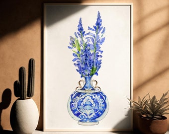 Blue Bonnet Watercolor Flower Vase Print, Botanical Poster, China Vase, Chinoiserie, Digital Download Print, Wall Art, Trending Flower Print