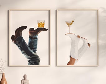 May include: Two framed art prints. One features a person's arm in a denim shirt and brown cowboy boot holding a glass of amber liquid. The other shows a person's legs in white boots holding a cocktail.