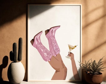 Cowgirl Martini Download, Digital Download, Dry Martini Print, Cowgirl Print, Pink Rodeo Poster, Preppy Western Wall Art, Pink Cowboy Boots