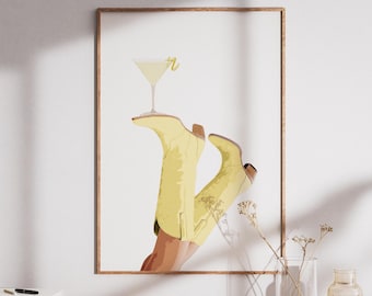 Cowgirl Lemontini Print, wydruk cyfrowy do pobrania, wystrój w stylu preppy western, sztuka rodeo na ścianę, lemon drop martini, kowbojka z lemon martini, sztuka Bottoms Up