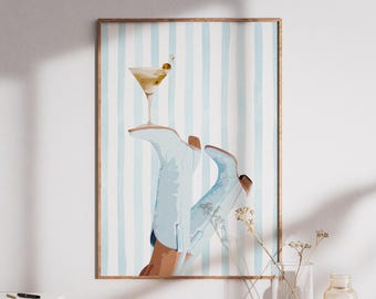 Stripes Light Blue Cowgirl Martini, Digital Download, Coquette Poster,Dry Martini Print,Rodeo Poster, Preppy Western Wall Art, Cowgirl Boots