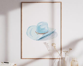 Light Blue Cowgirl Hat, Oil Painting, Western Wall Art, Preppy Decor, Rodeo Decor, Western Painting, Coastal Cowgirl Print, Western Preppy