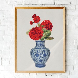 Impresión de jarrón con flores rojas, póster botánico, jarrón de porcelana, chinoiserie, impresión digital, arte mural, impresión floral de tendencia, floral