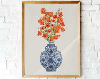 Orange Flower Vase Print, Botanical Poster, China Vase, Chinoiserie, Digital Download Print, Wall Art, Trending Flower Print, Floral