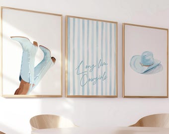 Light Blue Print Set 3, Digital Download, Light Blue Gallery, Set of 3 Digital Download, Cowgirl Print, Western Print, Dorm Room Print