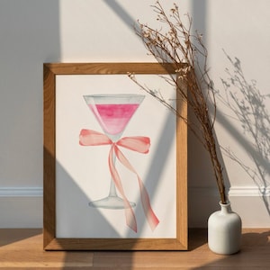 Pink Martini Glass & Bow, Coquette Decor, Wall Art, Print, Coquette Digital Download Print, Preppy Decor, Martini Wall Art