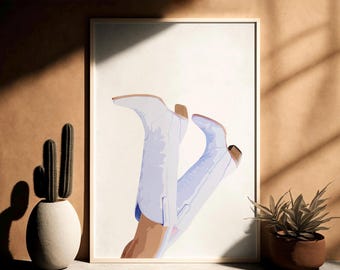 Jasnofioletowe buty kowbojskie do pobrania w wersji cyfrowej, plakat „Coquette”, nadruk w stylu western, plakat „Rodeo”, sztuka ścienna w stylu preppy western, jasnofioletowe buty kowbojskie