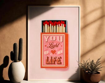 Matchbox Valentines Print, You Light Up My Life, Matchbox Print, Matches Poster, Vintage Print, Love Print, Valentines Matchbox Print