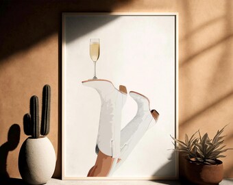 Biała kowbojka w szampanie, wydruk cyfrowy, Bottoms Up, wydruk Prosecco, plakat Rodeo, sztuka ścienna w stylu preppy western, wystrój wnętrz, wydruk kowbojki