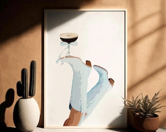 Light Blue Cowgirl Espresso Martini, Pobieranie cyfrowe, Bottoms Up, Wydruk Martini, Plakat rodeo, Sztuka ścienna w stylu preppy western, Buty kowbojskie, Kokietka