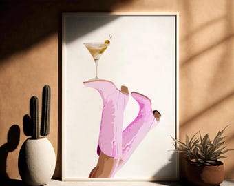 Pink Cowgirl Martini Digital Download, Coquette Poster,Dry Martini Print, Cowgirl Print,Bottoms Up,Preppy Western Wall Art,Pink Cowboy Boots
