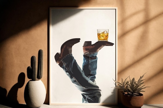 Cowboy Whisky on the Rocks, Digital Download, Rodeo Poster, Western Wall Art, Cowboy Boots, Bottoms Up, Western Print,Cowboy Print, Western