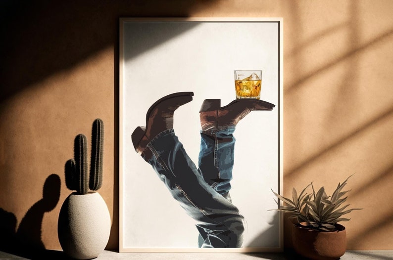 Cowboy Whisky on the Rocks, Digital Download, Rodeo Poster, Western Wall Art, Cowboy Boots, Bottoms Up, Western Print,Cowboy Print, Western