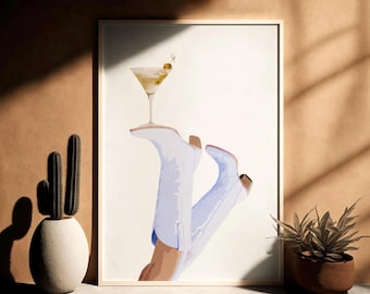 Jasnofioletowe Martini Kowbojka, Pobieranie cyfrowe, Plakat „Coquette”, Wydruk na suchym Martini, Plakat rodeo, Sztuka ścienna w stylu preppy western, Buty kowbojki