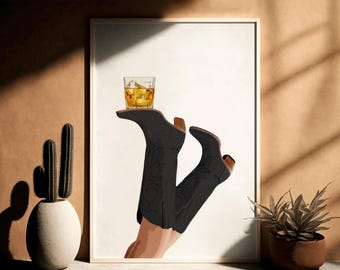 Black Cowgirl Boots Whisky Digital Download, Coquette Poster, Whisky Print, Rodeo Poster, Preppy Western Wall Art, Black Cowgirl Boots