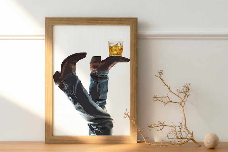 Cowboy Whisky on the Rocks, Digital Nedladdning, Rodeo Poster, Västra Väggkonst, Cowboy Boots, Bottoms Up, Western Print, Cowboy Print, Western bild 3