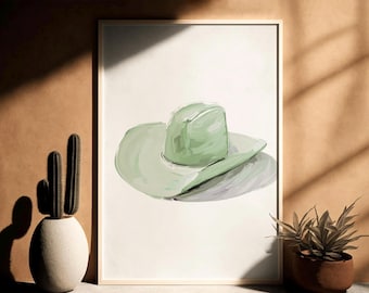 Sage Green Cowgirl Hat, Oil Painting, Western Wall Art, Preppy Decor,Blue Rodeo Decor,Western Painting, Coastal Cowgirl Print,Western Preppy
