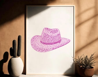 Pink Cowgirl Hat, Cheetah Print, Western Print, Cowgirl Hat Cheetah Print, Cowgirl Print, Preppy Western Decor, Rodeo Wall Art